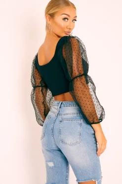 Rebellious Fashion Black Polka Dot Organza Sleeve Crop Top - Bianca