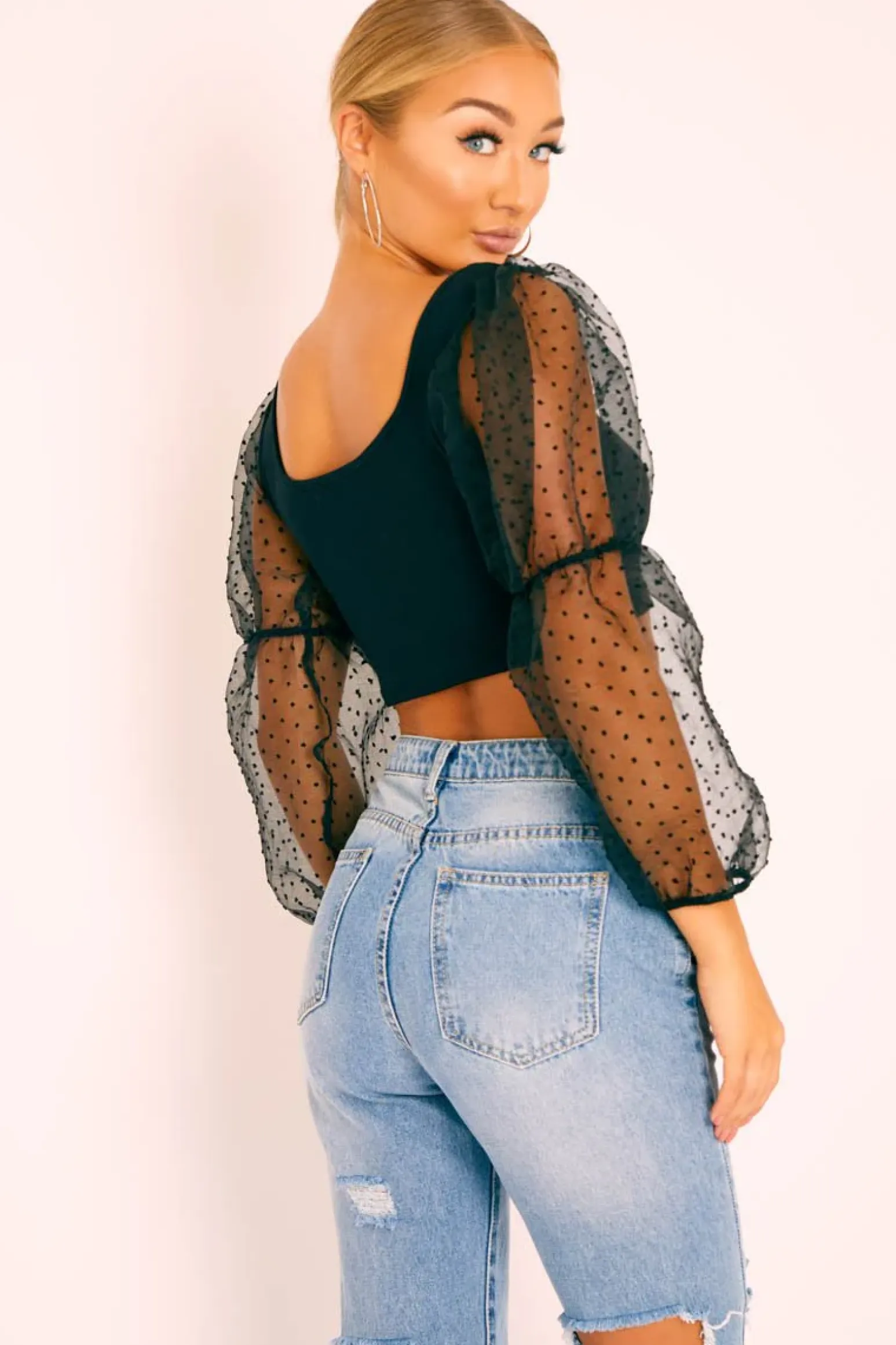 Rebellious Fashion Black Polka Dot Organza Sleeve Crop Top - Bianca