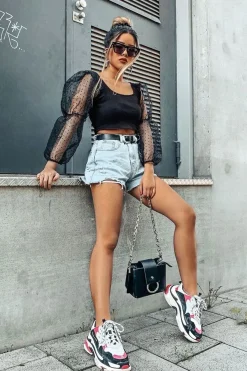 Rebellious Fashion Black Polka Dot Organza Sleeve Crop Top - Bianca