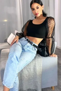 Rebellious Fashion Black Polka Dot Organza Sleeve Crop Top - Bianca