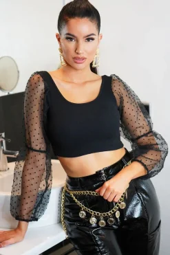Rebellious Fashion Black Polka Dot Organza Sleeve Crop Top - Bianca