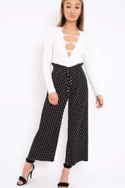 Rebellious Fashion Black Polka Dot Paper Bag Waist Wide Legged Pleated Trousers - Louise