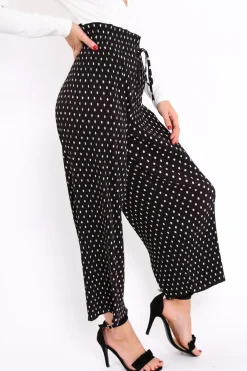 Rebellious Fashion Black Polka Dot Paper Bag Waist Wide Legged Pleated Trousers - Louise