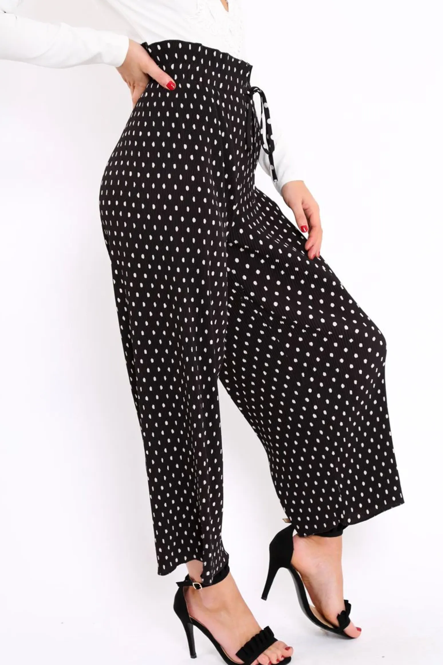 Rebellious Fashion Black Polka Dot Paper Bag Waist Wide Legged Pleated Trousers - Louise