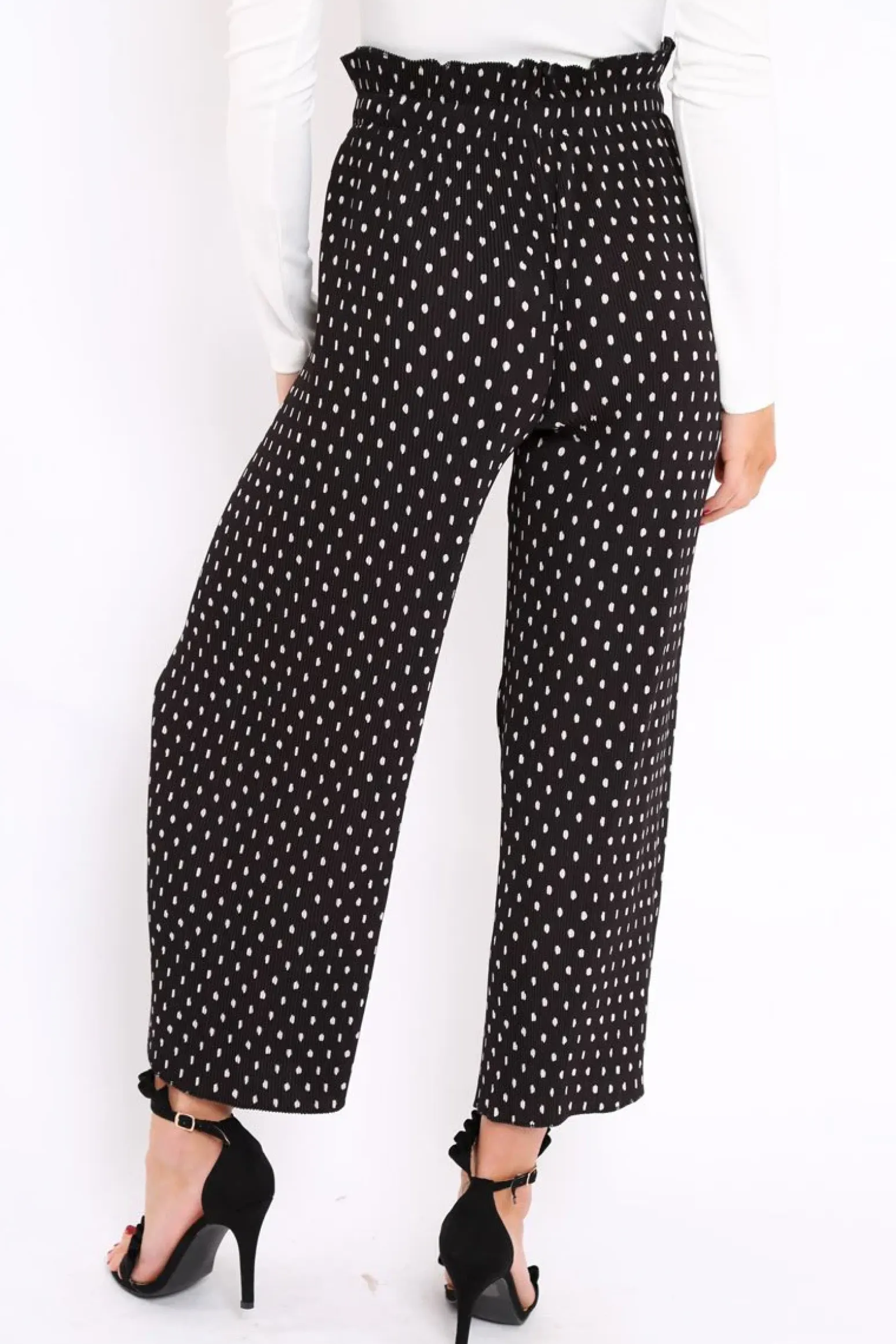 Rebellious Fashion Black Polka Dot Paper Bag Waist Wide Legged Pleated Trousers - Louise