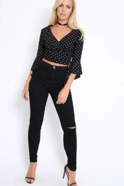 Rebellious Fashion Black Polka Dot Plunge Bell Sleeve Crop Top - Merla