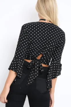 Rebellious Fashion Black Polka Dot Plunge Bell Sleeve Crop Top - Merla