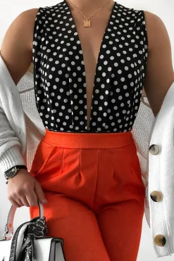 Rebellious Fashion Black Polka Dot Plunge Cross Back Bodysuit - Nadiyah