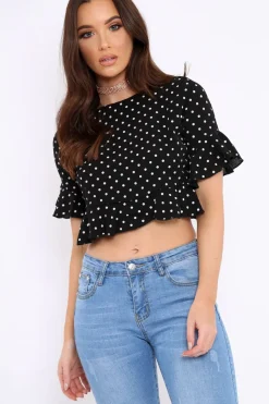 Rebellious Fashion Black Polka Dot Ruffle Crop Top - Ivie
