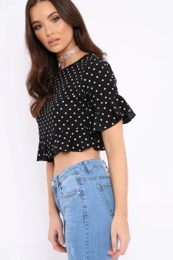 Rebellious Fashion Black Polka Dot Ruffle Crop Top - Ivie