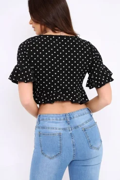 Rebellious Fashion Black Polka Dot Ruffle Crop Top - Ivie