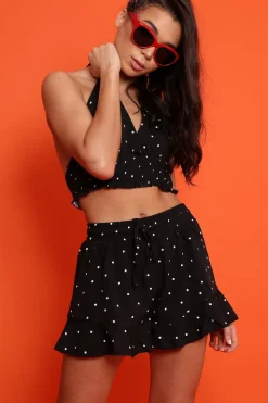 Rebellious Fashion Black Polka Dot Shorts and Halterneck Co-ord - Alivia