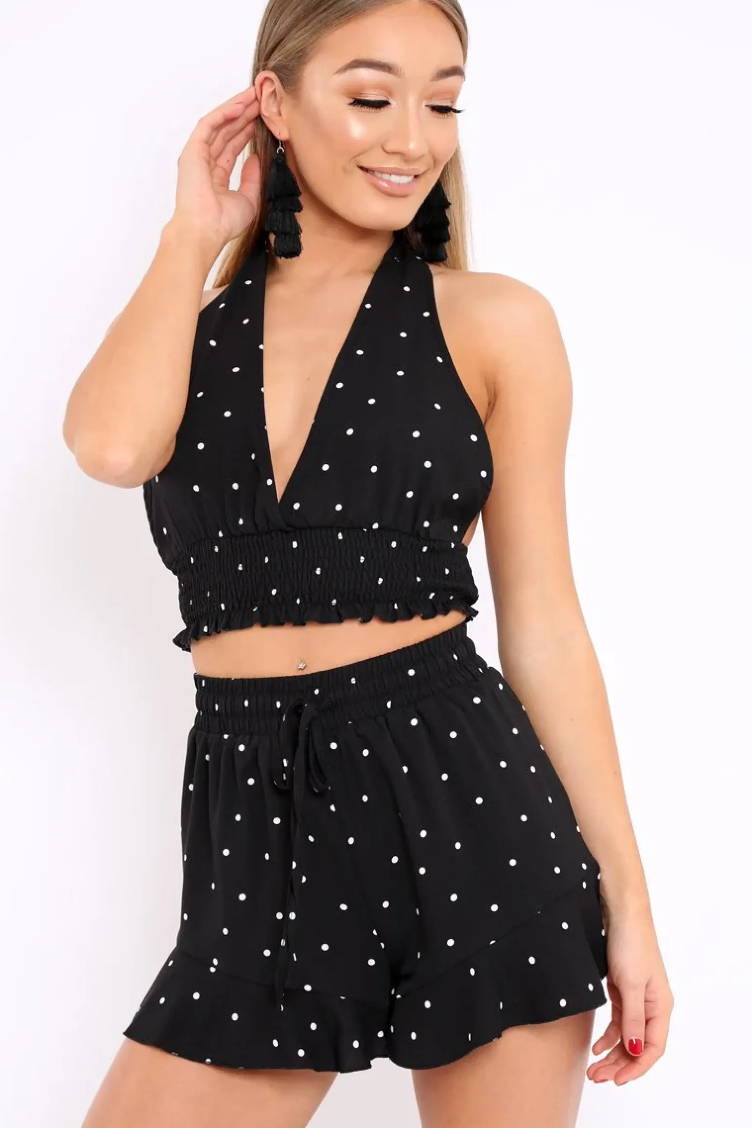 Rebellious Fashion Black Polka Dot Shorts and Halterneck Co-ord - Alivia
