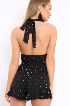 Rebellious Fashion Black Polka Dot Shorts and Halterneck Co-ord - Alivia