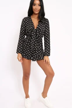 Rebellious Fashion Black Polka Dot Tie Front Playsuit - Jem