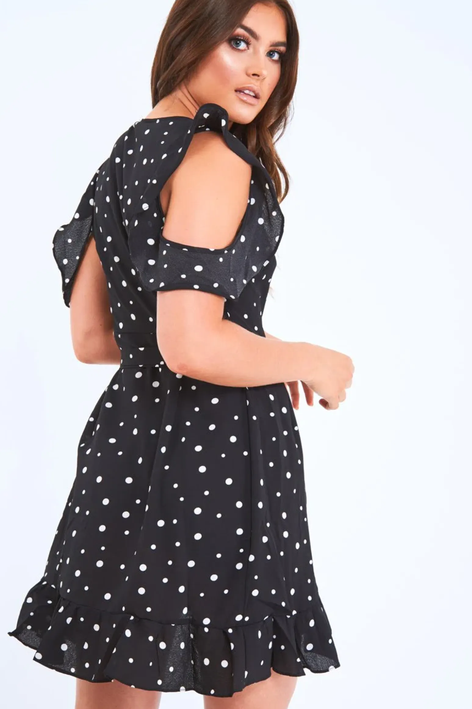 Rebellious Fashion Black Polka Dot Wrap Over Frill Dress - Wisdom