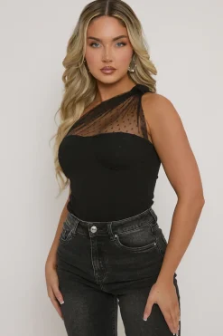 Rebellious Fashion Black Polka Mesh Corset One Shoulder Bodysuit - Carrie