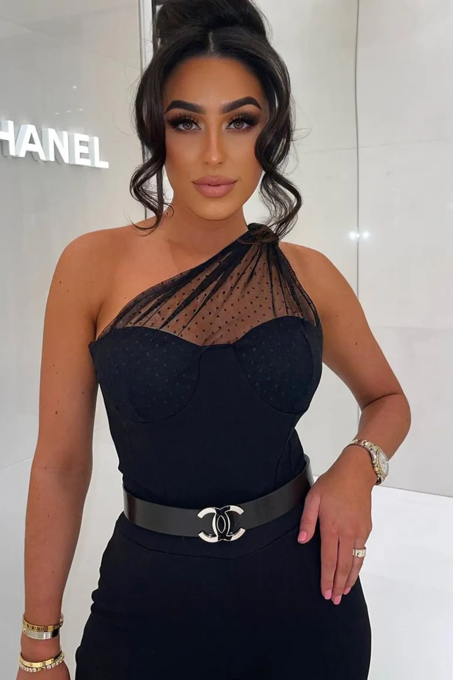 Rebellious Fashion Black Polka Mesh Corset One Shoulder Bodysuit - Carrie