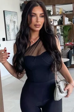 Rebellious Fashion Black Polka Mesh Corset One Shoulder Bodysuit - Carrie