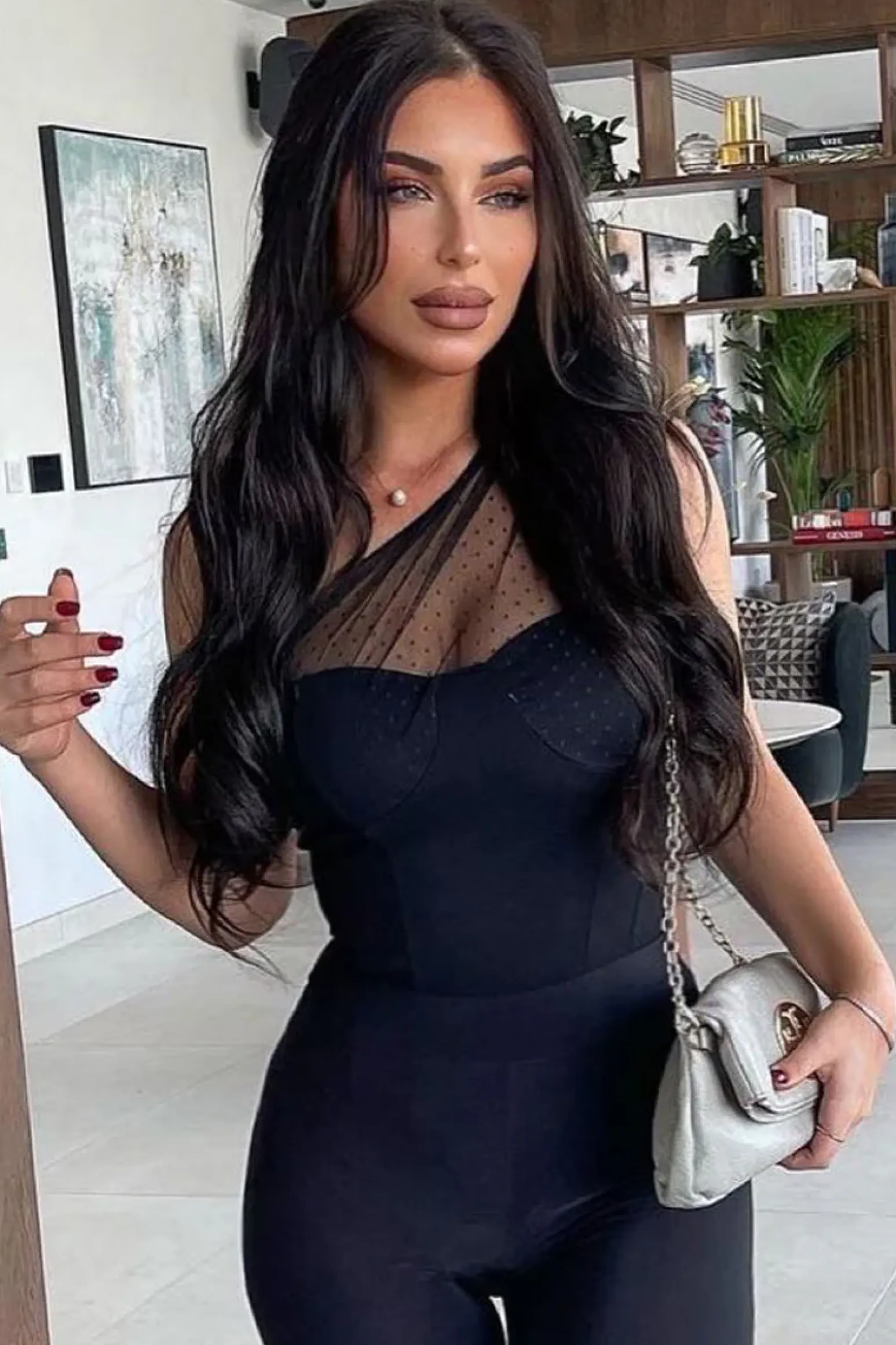 Rebellious Fashion Black Polka Mesh Corset One Shoulder Bodysuit - Carrie