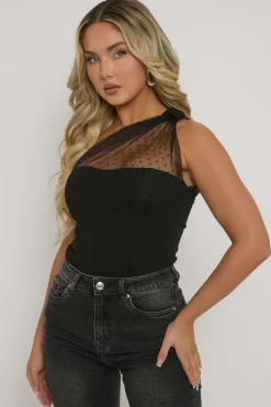 Rebellious Fashion Black Polka Mesh Corset One Shoulder Bodysuit - Carrie