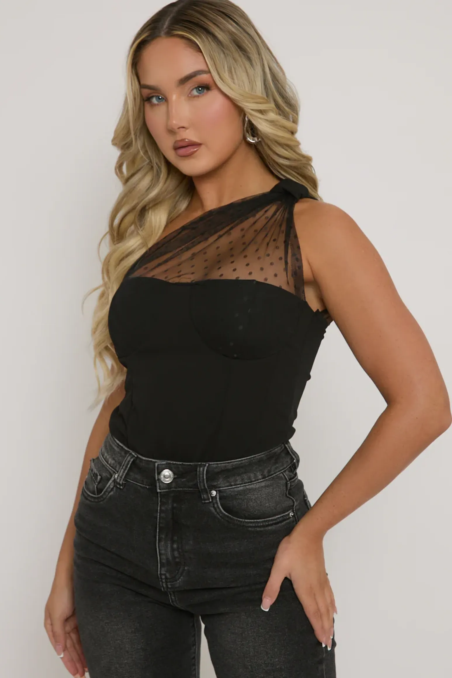 Rebellious Fashion Black Polka Mesh Corset One Shoulder Bodysuit - Carrie