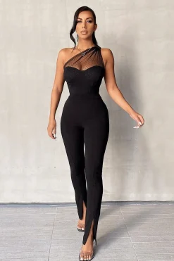 Rebellious Fashion Black Polka Mesh Corset One Shoulder Bodysuit - Carrie
