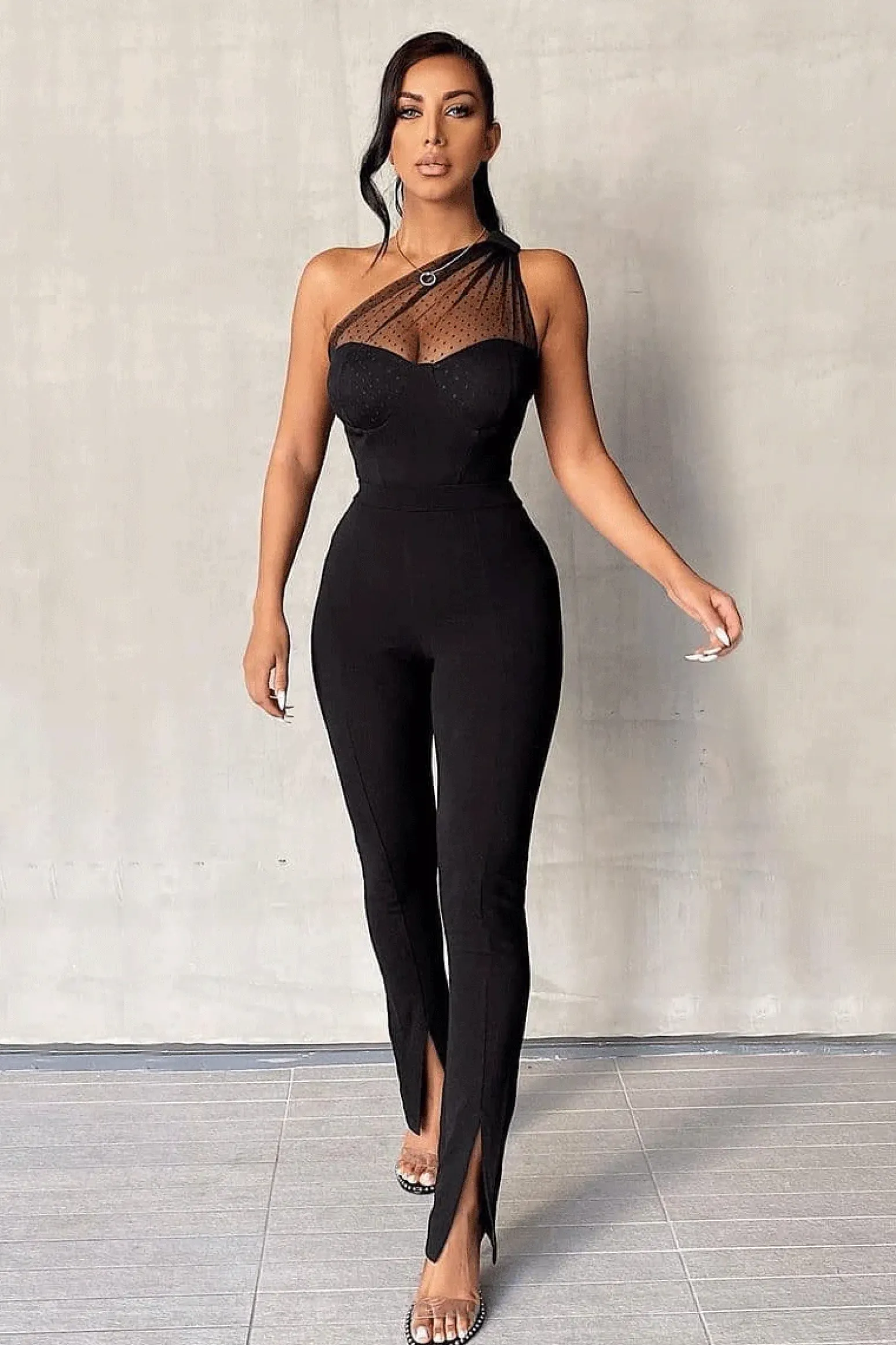 Rebellious Fashion Black Polka Mesh Corset One Shoulder Bodysuit - Carrie