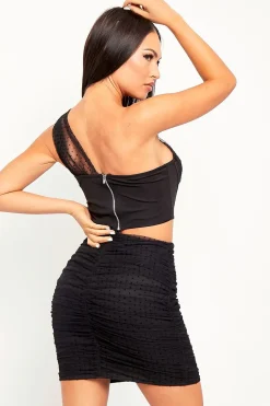 Rebellious Fashion Black Polka Mesh Corset Top + Skirt Co-ord - Rada