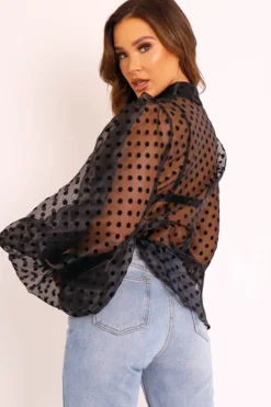 Rebellious Fashion Black Polka Mesh Extreme Bell Sleeve Shirt - Everli
