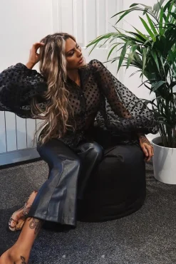 Rebellious Fashion Black Polka Mesh Extreme Bell Sleeve Shirt - Everli