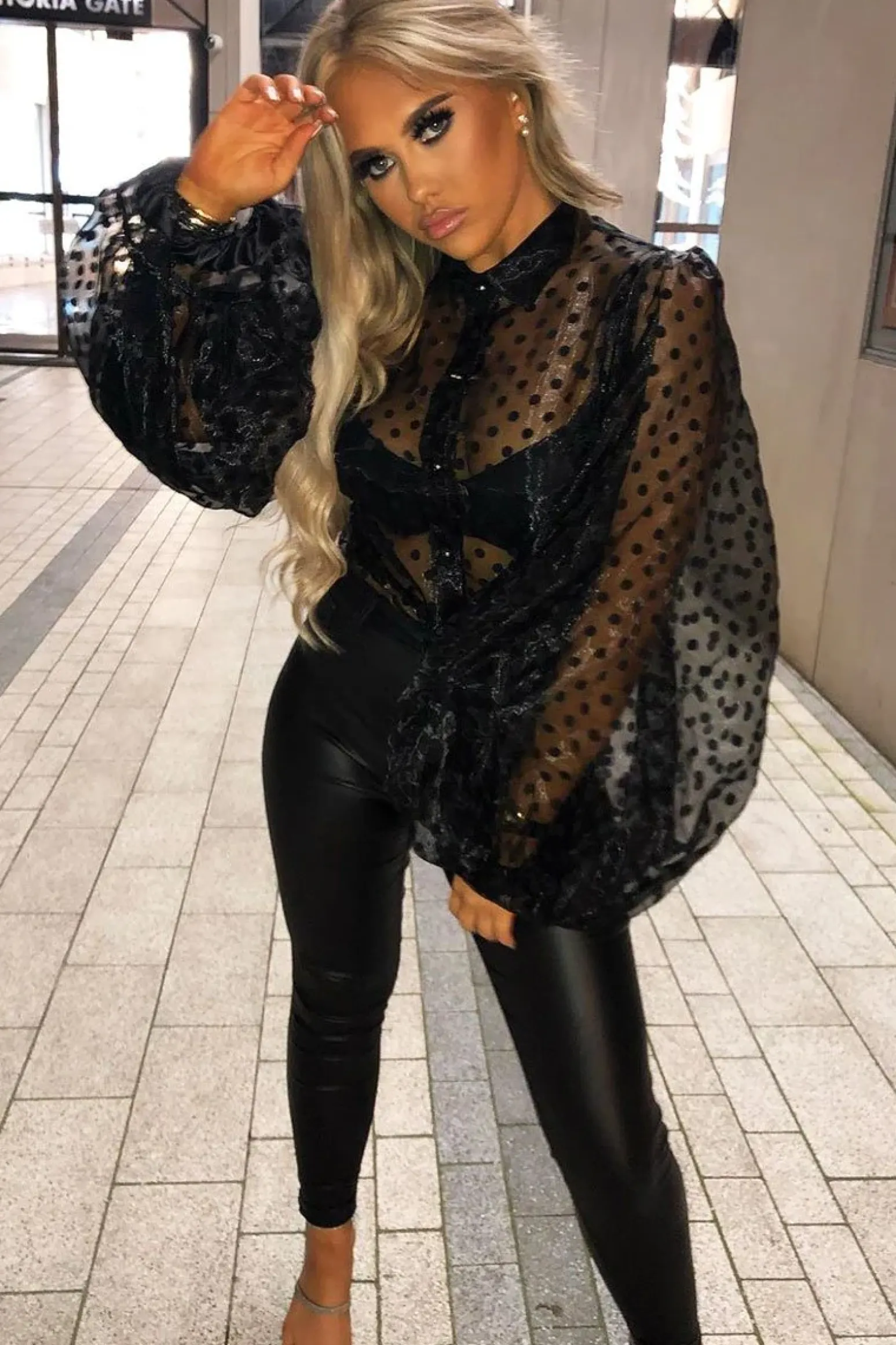 Rebellious Fashion Black Polka Mesh Extreme Bell Sleeve Shirt - Everli