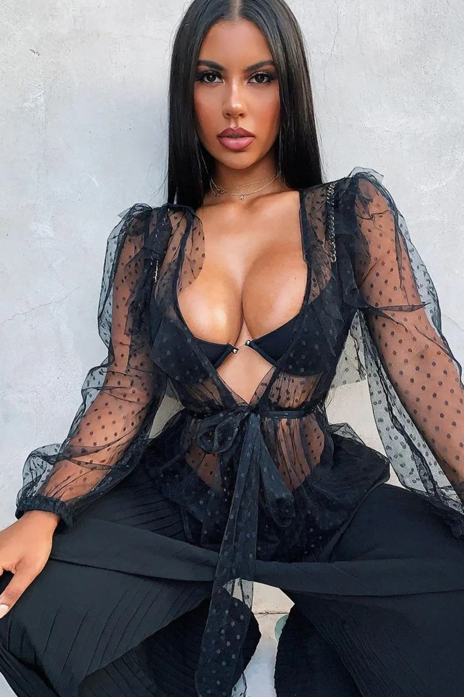 Rebellious Fashion Black Polka Mesh Long Sleeve Ruffle Blouse - Lattie