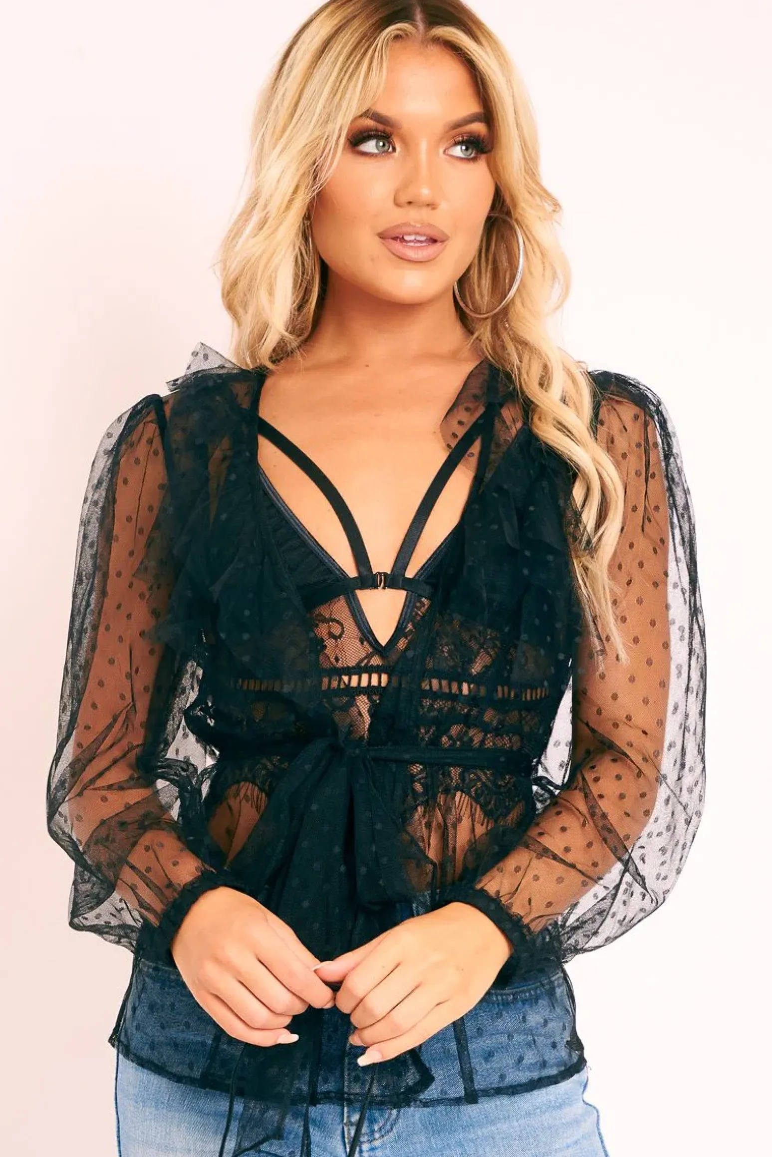 Rebellious Fashion Black Polka Mesh Long Sleeve Ruffle Blouse - Lattie