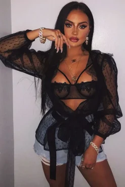 Rebellious Fashion Black Polka Mesh Long Sleeve Ruffle Blouse - Lattie