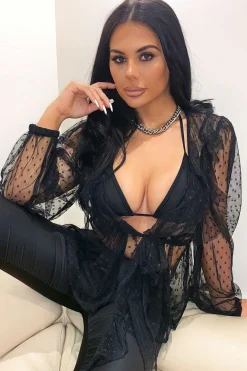 Rebellious Fashion Black Polka Mesh Long Sleeve Ruffle Blouse - Lattie