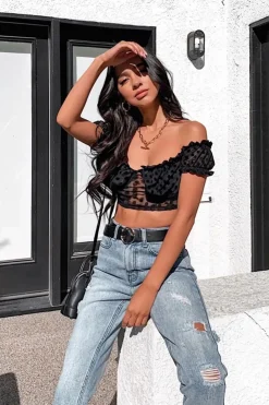Rebellious Fashion Black Polka Mesh Milkmaid Crop Top - Rosa