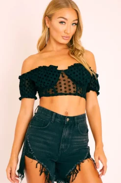 Rebellious Fashion Black Polka Mesh Milkmaid Crop Top - Rosa