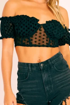 Rebellious Fashion Black Polka Mesh Milkmaid Crop Top - Rosa
