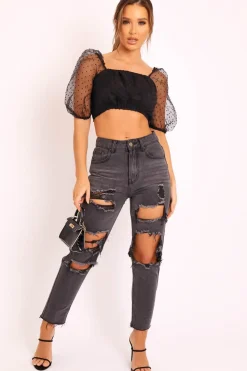 Rebellious Fashion Black Polka Mesh Puff Sleeve Zip Back Crop Top - Aamina