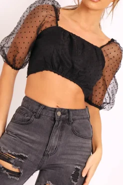 Rebellious Fashion Black Polka Mesh Puff Sleeve Zip Back Crop Top - Aamina