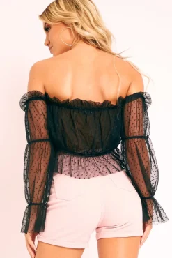 Rebellious Fashion Black Polka Mesh Ruffle Bardot Crop Top - Aagna