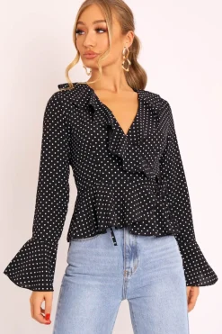 Rebellious Fashion Black Polka Ruffle Wrap Blouse - Calynn