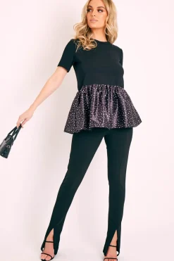 Rebellious Fashion Black Polka Satin Peplum Hem T-shirt - Zyria