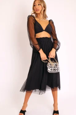 Rebellious Fashion Black Polka Tulle Pleated Midi Skirt - Soniya