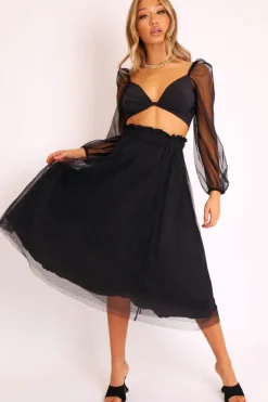 Rebellious Fashion Black Polka Tulle Pleated Midi Skirt - Soniya