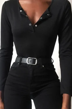 Rebellious Fashion Black Popper Front Bodysuit - Kymia