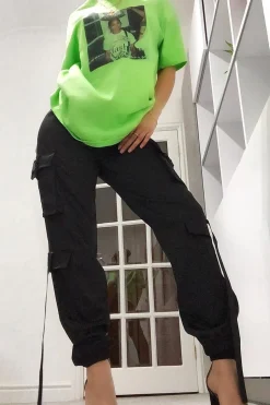 Rebellious Fashion Black Popper Front Buckle Detail Cargo Trousers - Gabriella
