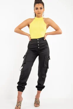 Rebellious Fashion Black Popper Front Buckle Detail Cargo Trousers - Gabriella