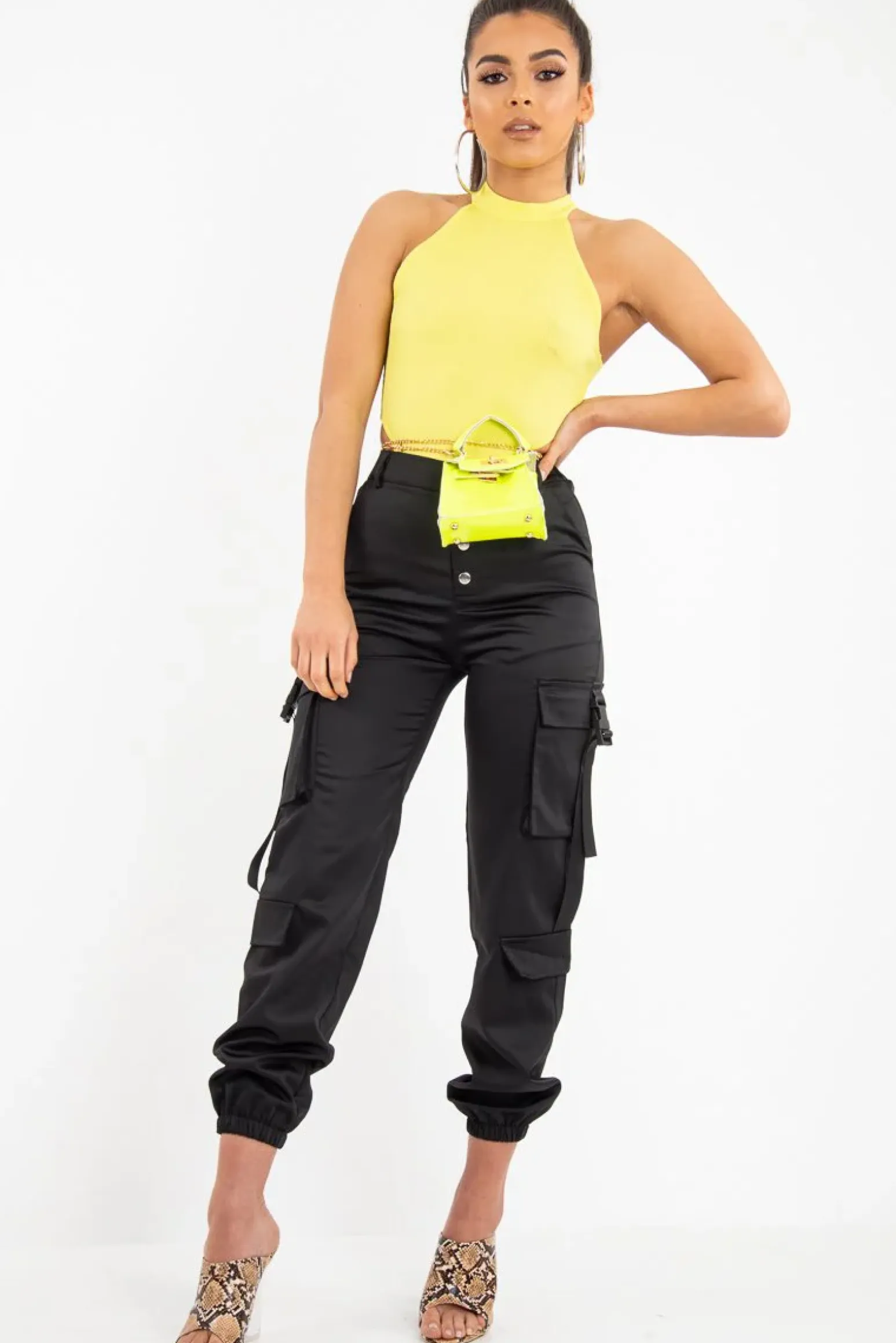 Rebellious Fashion Black Popper Front Buckle Detail Cargo Trousers - Gabriella